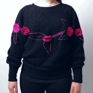 1980s Vintage Beaded Pink Rose Embellished Sweater